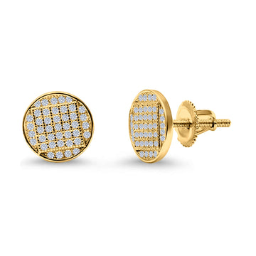 Hip Hop Round Stud Earrings Yellow Tone, Simulated Cubic Zirconia Screw Back 925 Sterling Silver